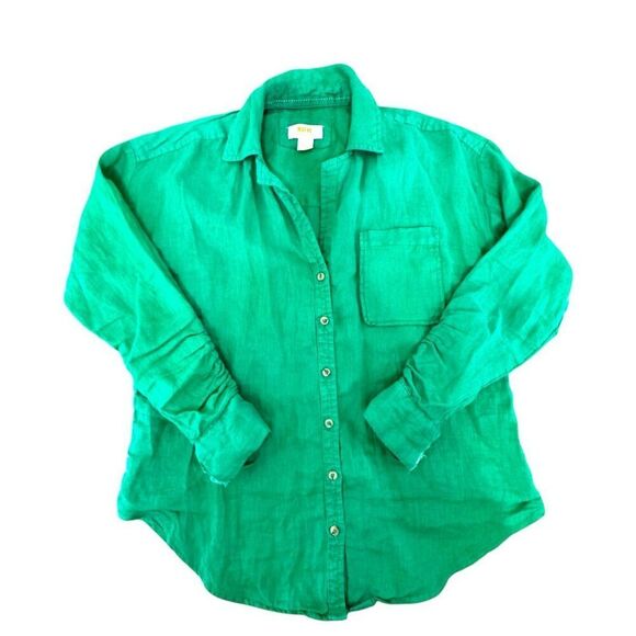 Maeve 100% Linen‎ Kelly Green Button Down Long Sleeve Lagenlook XS Anthro - Picture 5 of 13